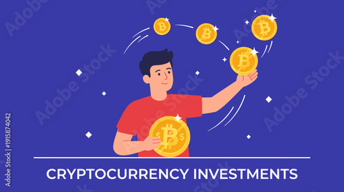 Happy Man Investing in Bitcoin: Cryptocurrency Trading Success, Digital Finance and Wealth Management Vector Illustration