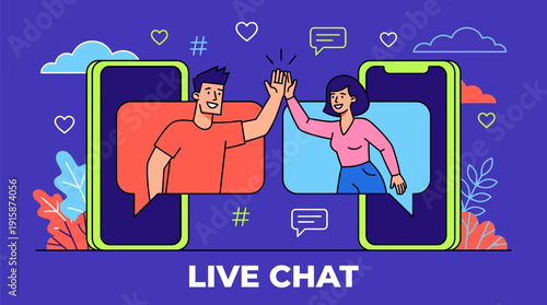 Live Chat and Online Communication via Mobile App. Man and woman high-fiving, symbolizing digital connection, social networking, customer support, or virtual dating.