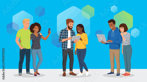 Diverse Group of Young People Collaborating with Technology. Friends Using Smartphone, Tablet, and Laptop for Social Networking and Digital Communication.