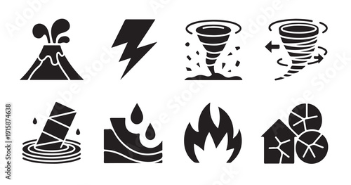 Natural disaster icons set representing volcano lightning tornado flood fire and earthquake