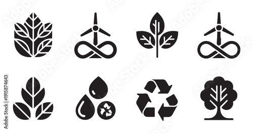 Eco friendly energy icons featuring leaves wind turbines recycling symbols and tree designs
