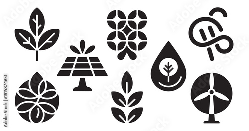 Sustainable technology symbols with solar panels wind power leaves and water drop elements
