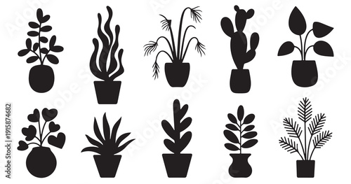 Houseplant silhouettes collection in various ceramic pots for interior decoration and design