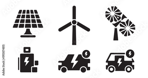 Renewable energy icon set, solar panel, wind turbine, green power, electric car charging