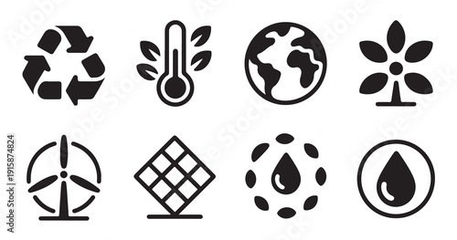 Sustainable energy icons set including solar panels and wind turbines for eco friendly design