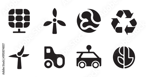Eco friendly icons solar panel wind turbine earth recycle symbol and electric car