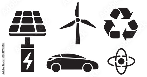 Solar panel wind turbine recycling symbol electric car and nuclear energy icons