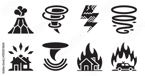 Natural disaster icons volcano tornado lightning hurricane earthquake earthquake fire