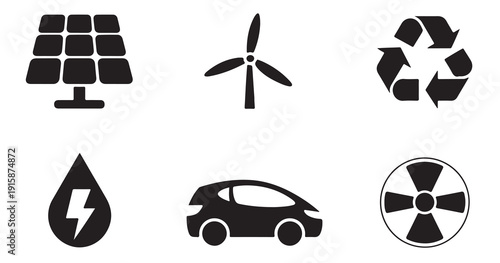Solar panel wind turbine recycle symbol water energy electric car and fan