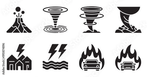 Natural disaster icons set representing volcano eruption tornado lightning storm car on fire