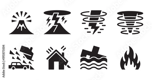 Environmental disaster icons representing extreme weather events flood earthquake and volcano