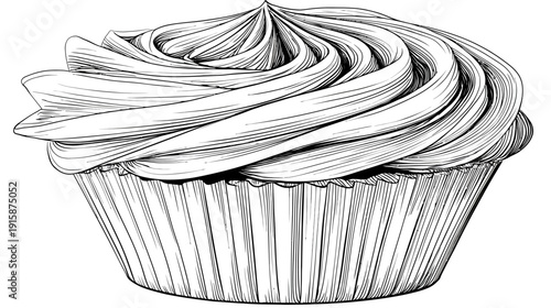 A black and white illustration of a cupcake with swirled frosting in a paper liner