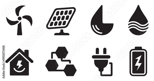 Renewable energy source icon set with wind power, solar panels, and water energy storage