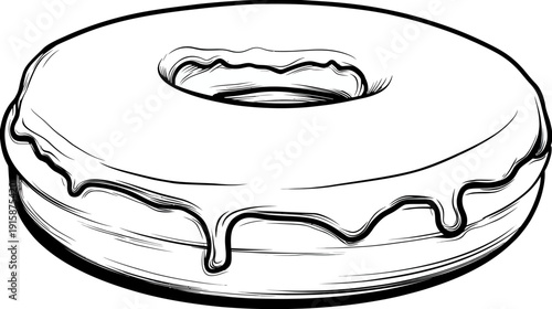A black and white donut illustration with icing dripping. Outlined and detailed, it has a simple aesthetic