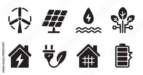 Renewable energy and eco technology icons featuring wind power, solar, water, and home solutions