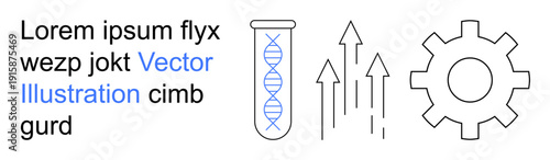Biotechnology, innovation, scientific research, process optimization, growth analysis, technological development. DNA helix in a test tube, upward arrows a gear icon. Biotechnology and innovation