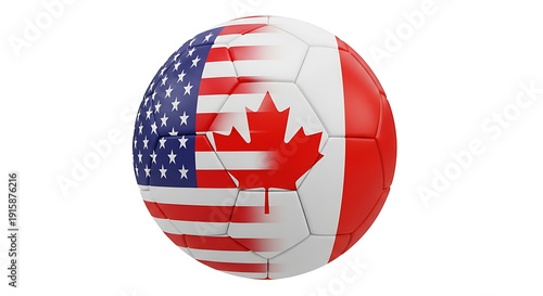 A soccer ball with the flags of the usa and canada merged on its surface.