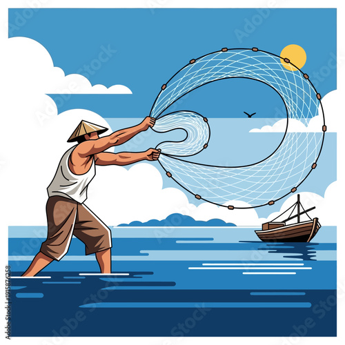 Traditional fisherman throwing a circular net into the sea with a boat and clouds in the background