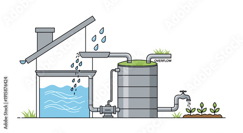 Diagram of a rainwater harvesting system with storage tanks, water pump, and garden irrigation