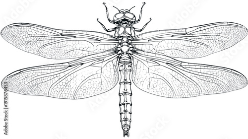 Detailed top-down illustration of a dragonfly in black and white, showcasing intricate wing and body details