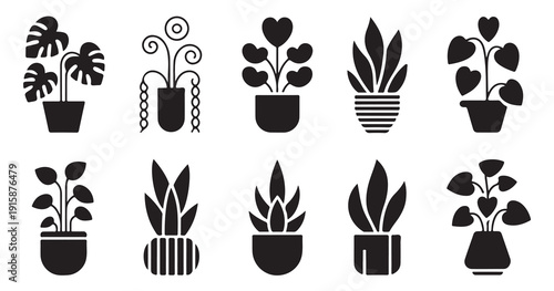 Houseplant icons set. collection of plants in pots. different types of indoor flora