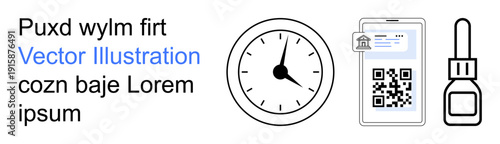 Technology integration, time management, healthcare tools, mobile scanning, digital authentication, modern applications. QR code on phone, clock dropper bottle. Technology and time management