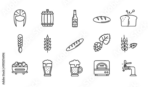 Thin line icon set braid barrel beer bottle bread hops and wheat isolated on transparent background