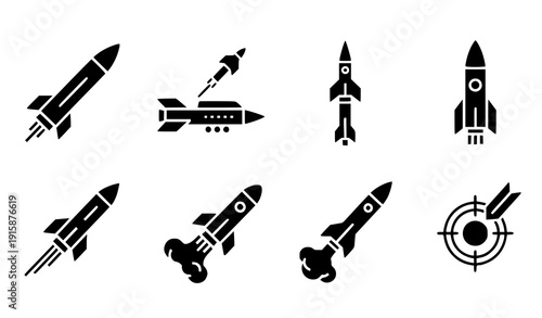 Military missile glyph icon set vector rocket launch and strike symbols isolated on transparent background