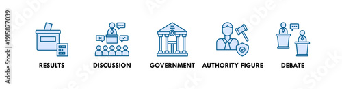 Politics banner web icon illustration concept with icon of results, discussion, government, authority figure, debate