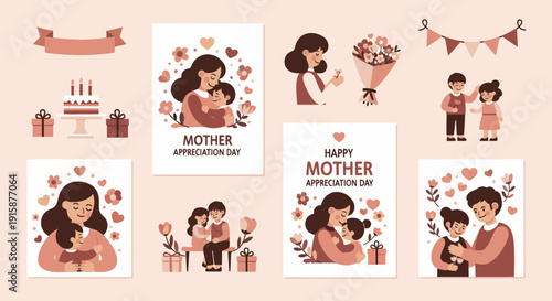 Mother's Day celebration with family, love, hearts, gifts, and flowers in a heartwarming vector illustration