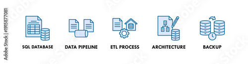 Data Engineering banner web icon illustration concept with icon of sql database, data pipeline, etl process, architecture, backup