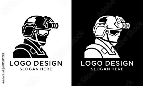 Tactical Soldier Logo Design with Night Vision Goggles.