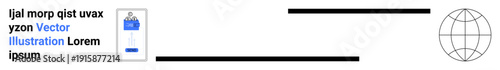 Communication systems, global data sharing, technology networking, cybersecurity, remote access, worldwide interaction. Mobile screen with data and globe icon. Communication systems and global data