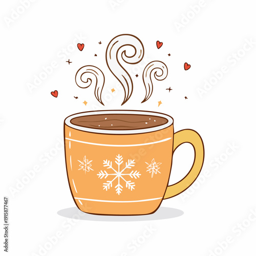 A steaming cup of hot chocolate with snowflakes, surrounded by swirling steam and hearts on a winter morning illustration