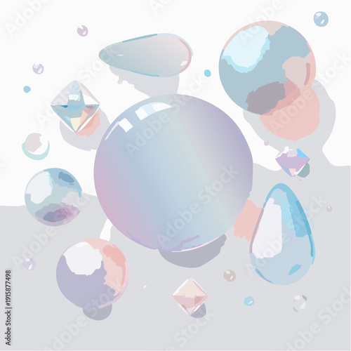 Ethereal pastel spheres and crystalline forms drift gently in a serene abstract composition, creating a delicate dance of light and shadow