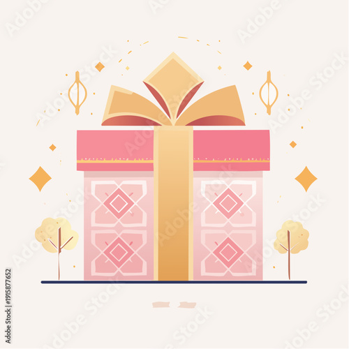 Beautiful pink and gold gift box illustration with elegant ribbon and festive patterns, surrounded by sparkles, ideal for celebrations and joyous giving