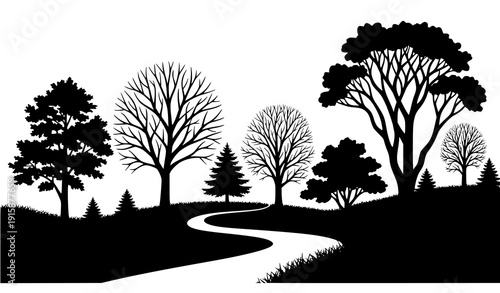 Forest silhouette with bare trees and winding path vector nature scene isolated on transparent background