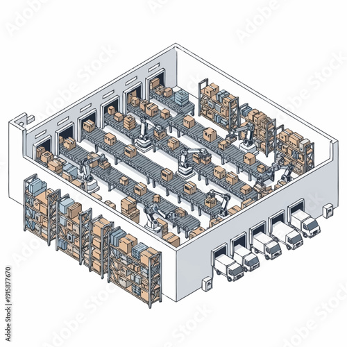 Automated warehouse with robotic arms and conveyor belts for efficient logistics.