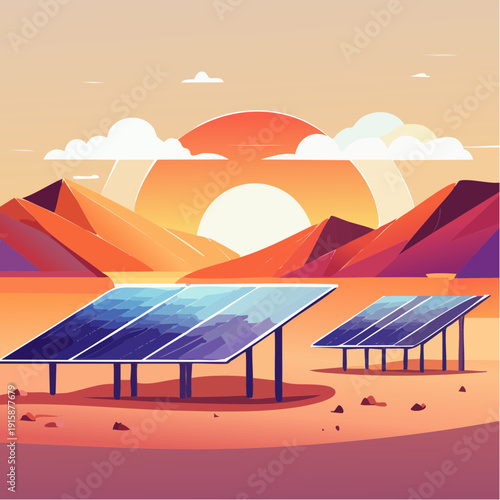 Solar panels in a desert landscape at sunset with mountains in the background, representing renewable energy and sustainable power generation