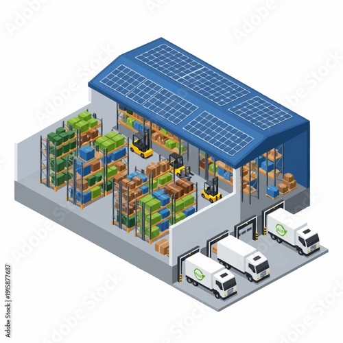 Isometric Green Warehouse with Solar Panels and Electric Trucks.
