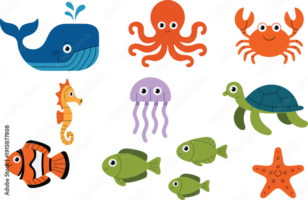 Fototapeta premium Playful cartoon sea creature illustration with whale, octopus, crab, seahorse, jellyfish, turtle, clownfish, starfish, and coral