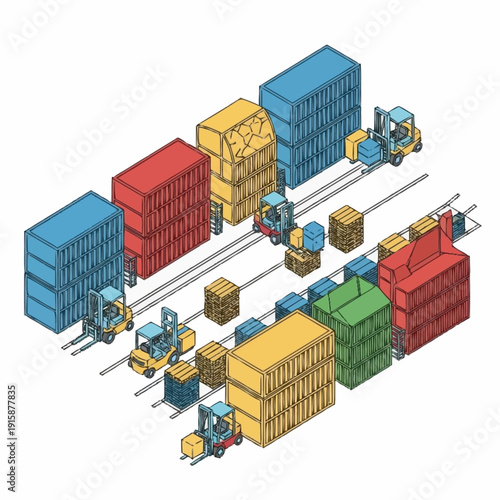 Isometric view of a busy industrial shipping yard with forklifts and cargo containers.