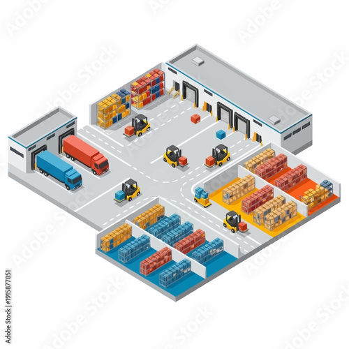 Isometric view of a busy logistics hub with trucks, forklifts, and stacked goods, illustrating efficient warehouse operations.