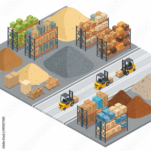 Isometric view of a busy industrial warehouse with forklifts and various goods.