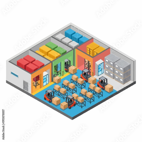 Isometric view of a busy warehouse with forklifts and various goods.