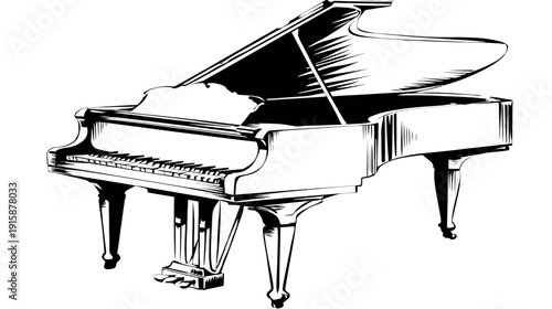 Line-art depiction of a grand piano, keys, legs, open lid, pedals, and black and white contrast