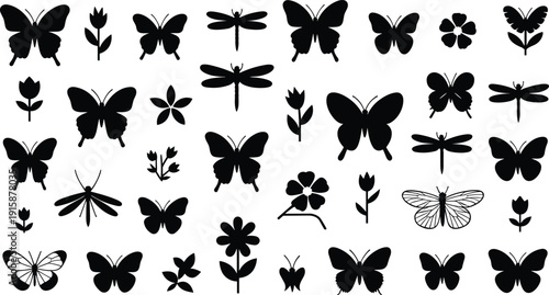Silhouettes of butterflies, dragonflies, and flowers in grid pattern