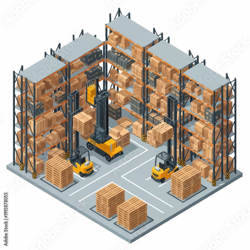 Isometric view of a busy warehouse with forklifts moving cardboard boxes on shelves.