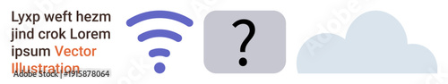 Internet connection, cloud computing, data access, network issues, technology queries, digital support. wireless signal, question mark and cloud symbols. Internet connection and data access concept