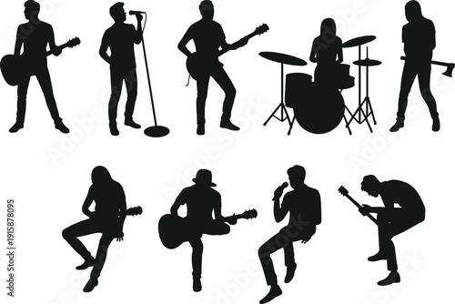 Silhouettes of eight musicians performing with guitars, drums, and microphones in dynamic poses